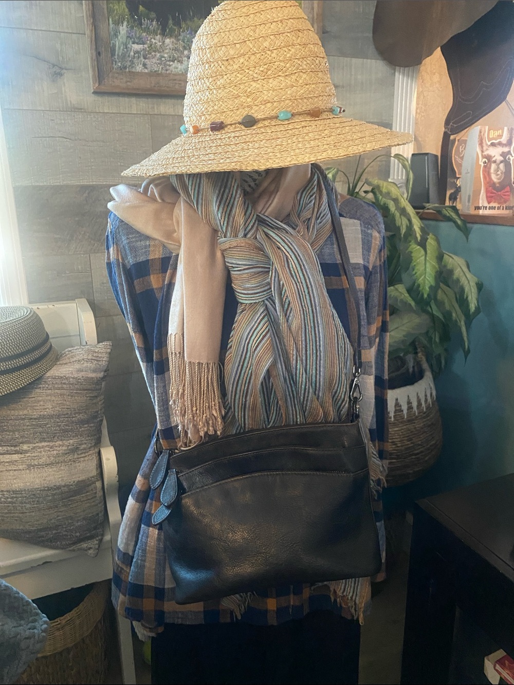 HESHE Brown Leather Distressed Shoulder Bag Multi-Pocket Handbag